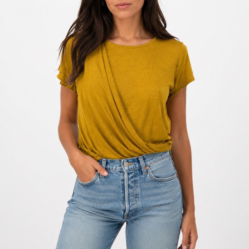G by Giuliana Mustard Yellow Draped Crossover Front Short Sleeve Boho Top XS